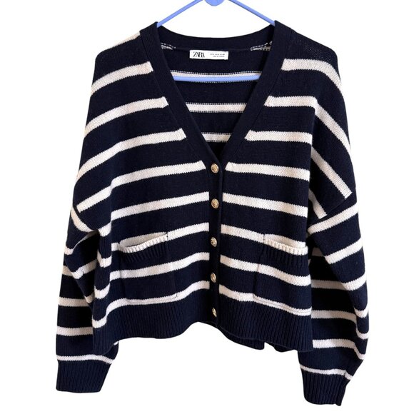 NWOT Zara Navy Striped 100% Wool Knit Cardigan with Nautical Buttons Details - Picture 5 of 10
